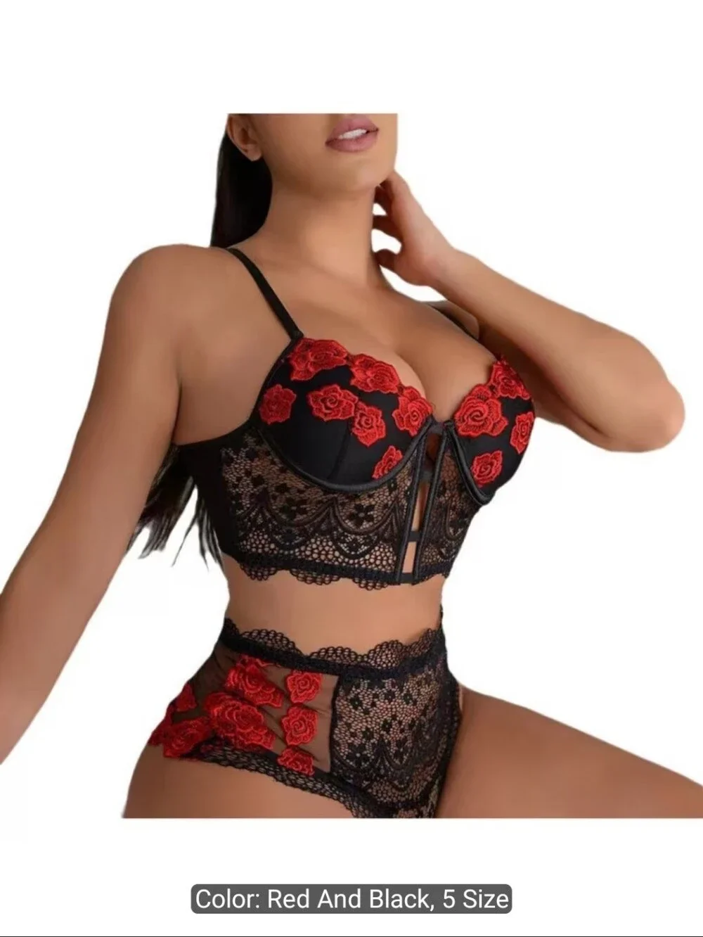Lace Floral Embroidered Longline Bra & High-Waist Brief Set - Red and Black
